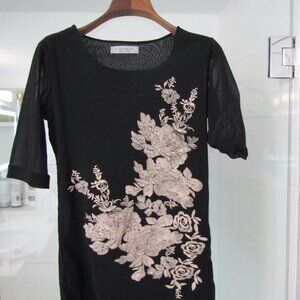 D Exterior Black Stretchy Pullover Top Nylon with Floral Motif--Size Large